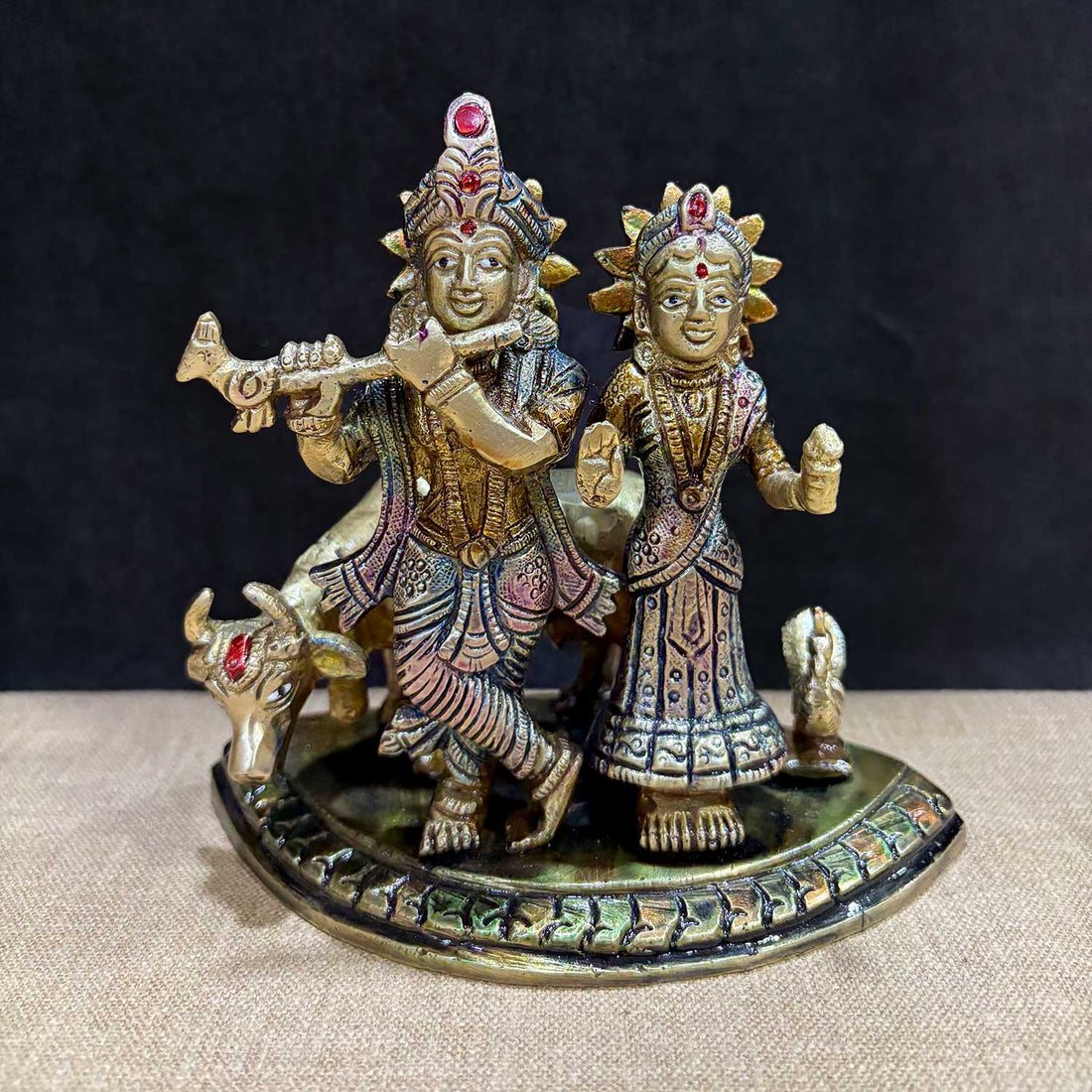 5.5 Inch Divine Radha Krishna with Kamdhenu Cow Idol – Handcrafted Brass Statue Symbolizing Divine Love, Prosperity, and Spiritual Blessings for Home and Temple Worship. No.1 Brass Idol Store www.satvikstore.in