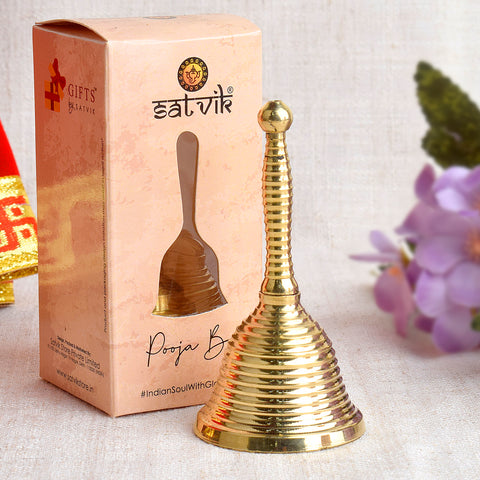 Elegant Winsome Brass Pooja Bell (Ghanti) symbolizing spiritual purity, used in Hindu rituals to invoke divine presence during prayer ceremonies. Indiaβs Largest Pooja Accessories Brand β www.satvikstore.in