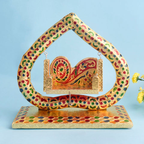 Exquisite Pan Meenakari Jhula for Laddu Gopal with vibrant enamel detailing, perfect for Janmashtami and festive home temple decoration. Indiaβs Largest Pooja Accessories Brand β www.satvikstore.in
