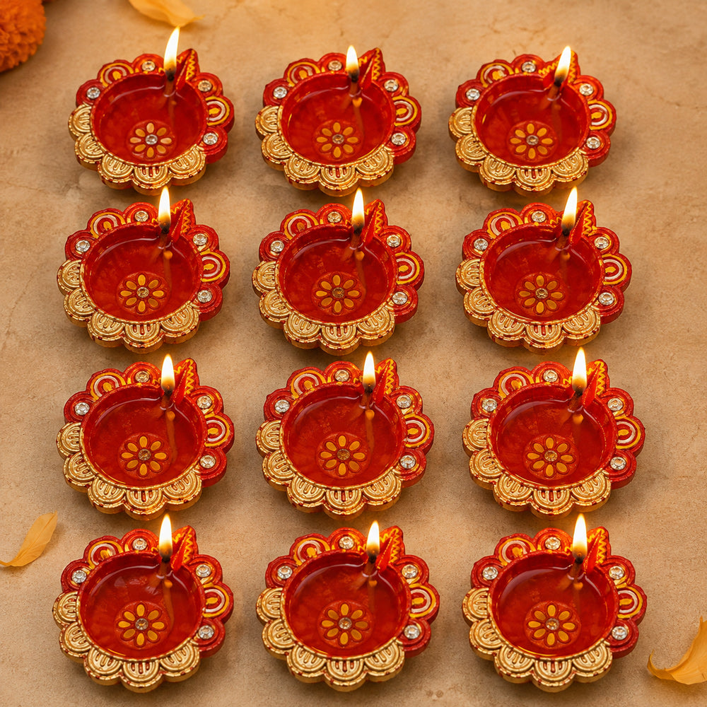 12 Pcs Handcrafted Red & Gold Earthen Diwali Clay Diyas