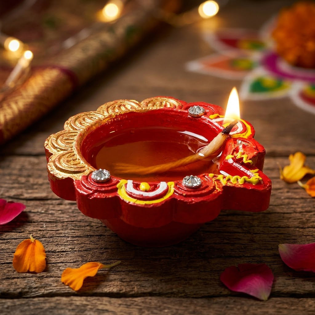 12 Pcs Handcrafted Red & Gold Earthen Diwali Clay Diyas