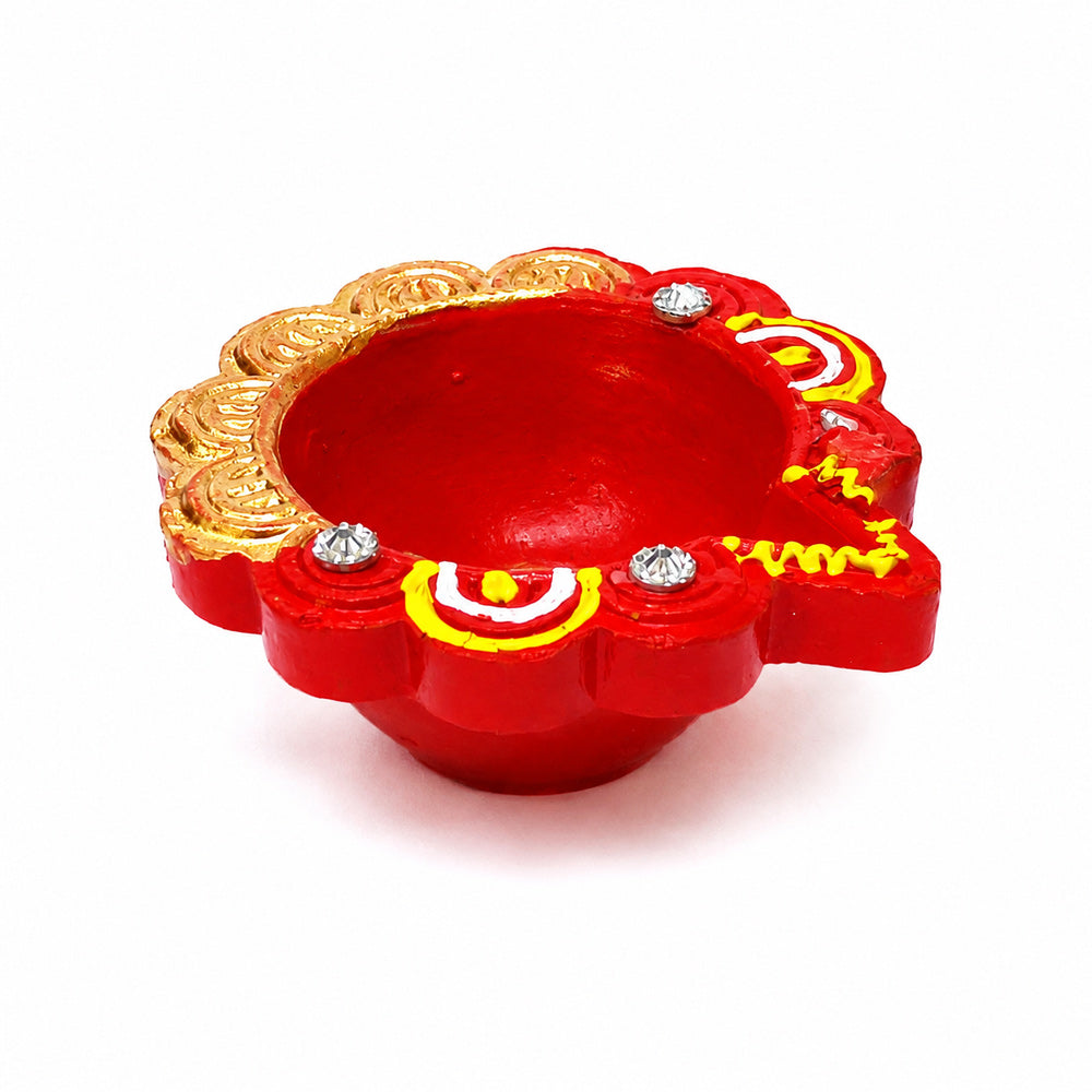 12 Pcs Handcrafted Red & Gold Earthen Diwali Clay Diyas