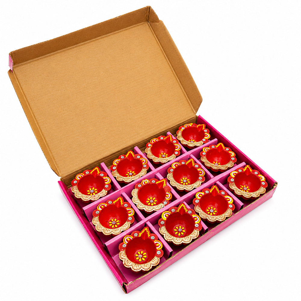 12 Pcs Handcrafted Red & Gold Earthen Diwali Clay Diyas
