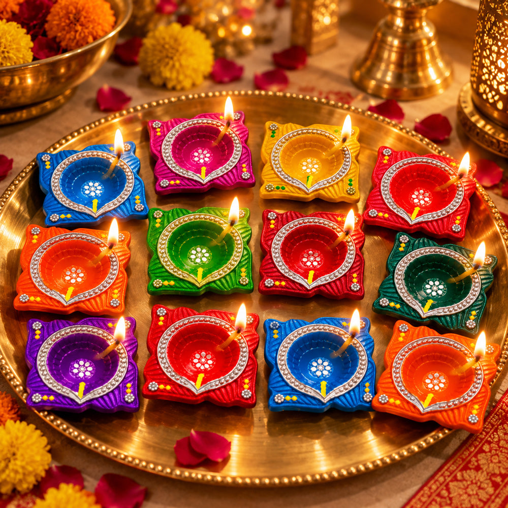 12 Pcs Premium Handmade Square-Framed Clay Diyas