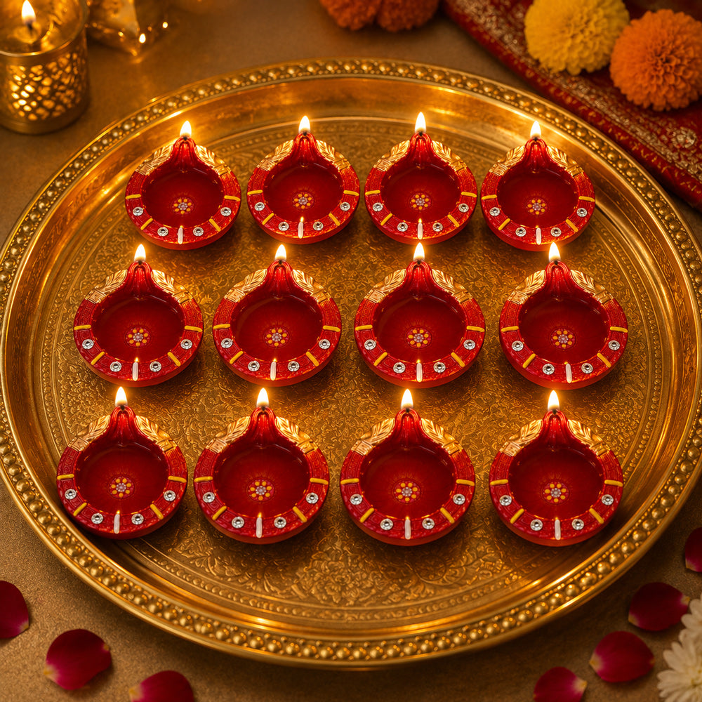 12 Pcs Yellow Stripes Traditional Red & Gold Clay Diyas