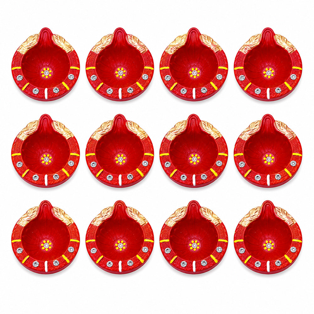 12 Pcs Yellow Stripes Traditional Red & Gold Clay Diyas