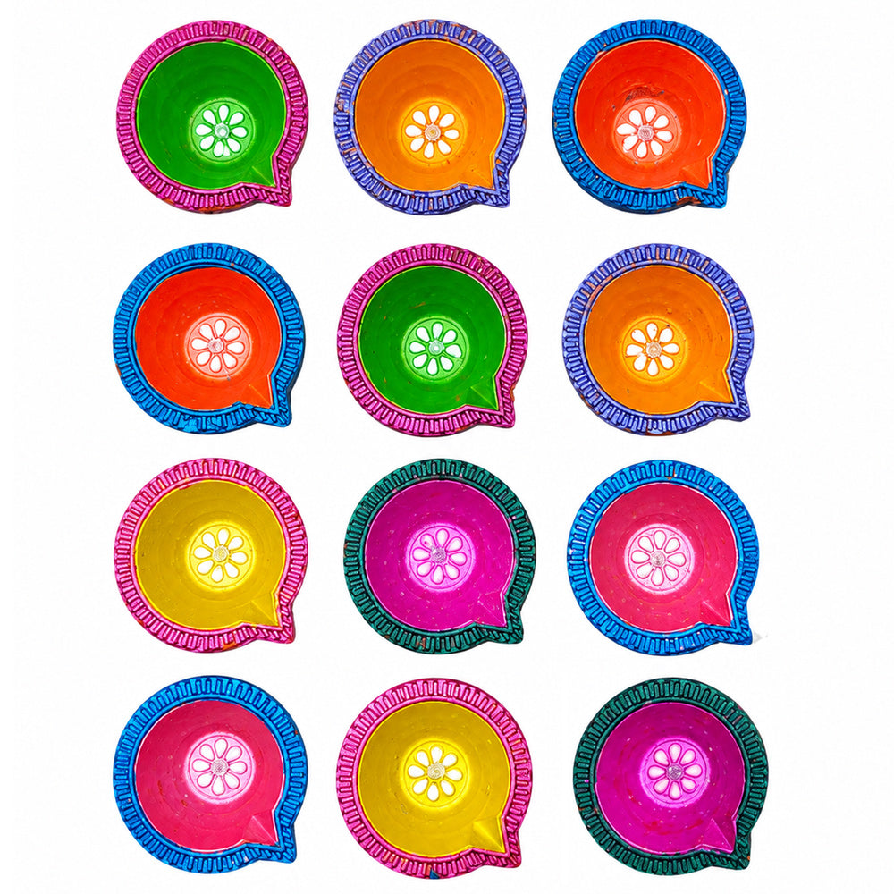 12 Pcs Handcrafted Dual-Tone Multicolor Diwali Clay Diyas