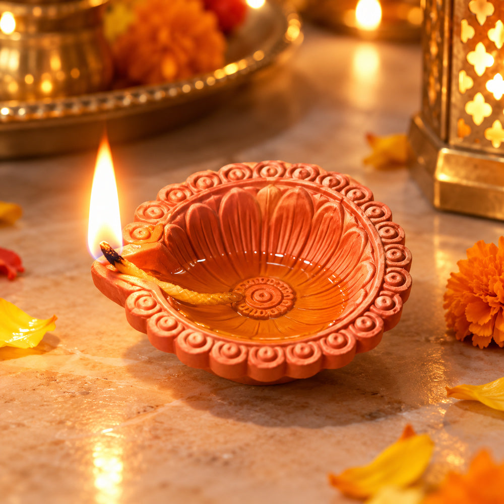 12 Pcs Handmade Flower-Carved Scalloped Clay Diyas