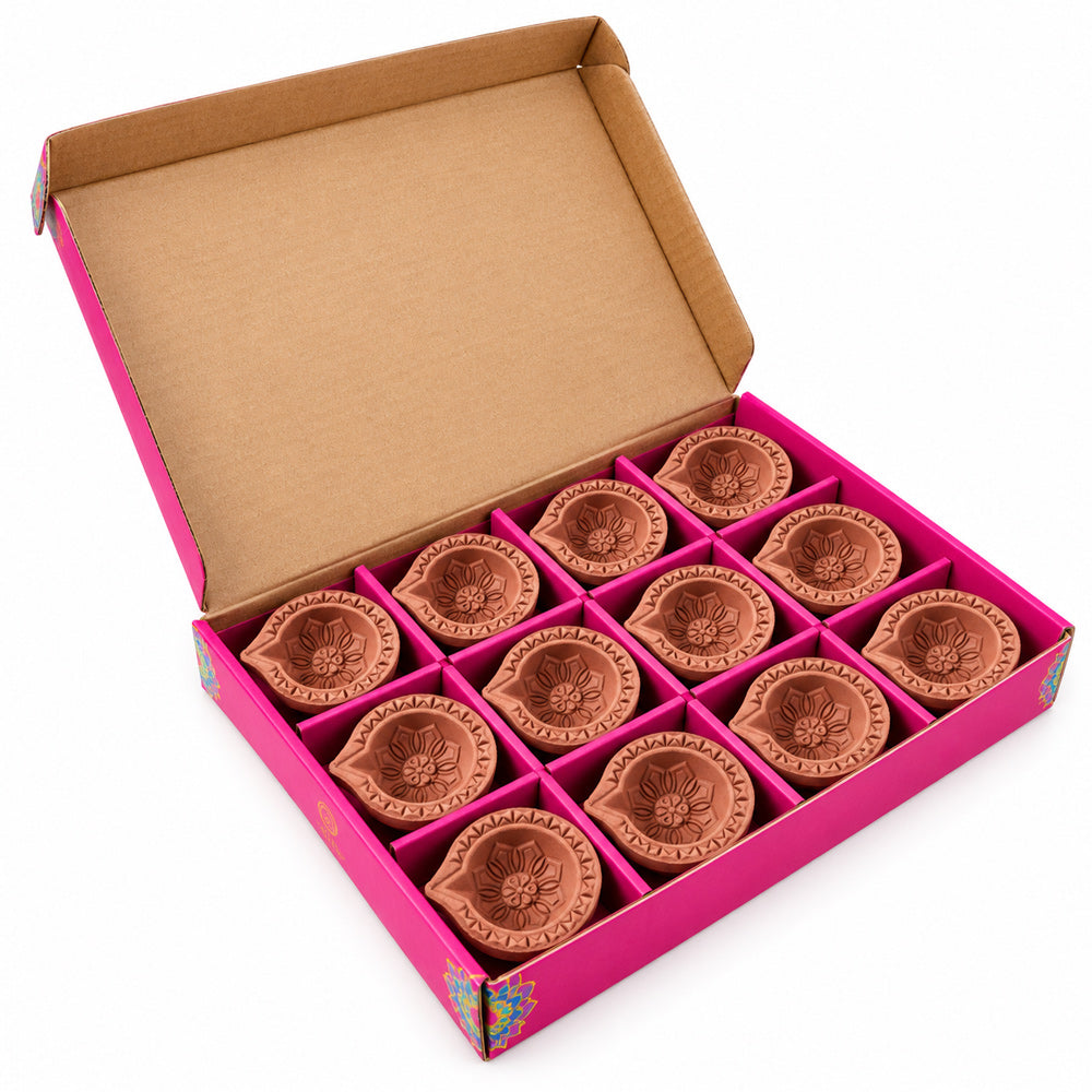 12 Pack Lotus & Mandala Pattern Carved Clay Diyas