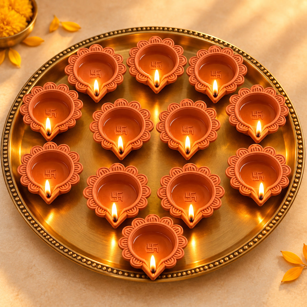 12 Pcs Swastik Design Terracotta Traditional Clay Diyas