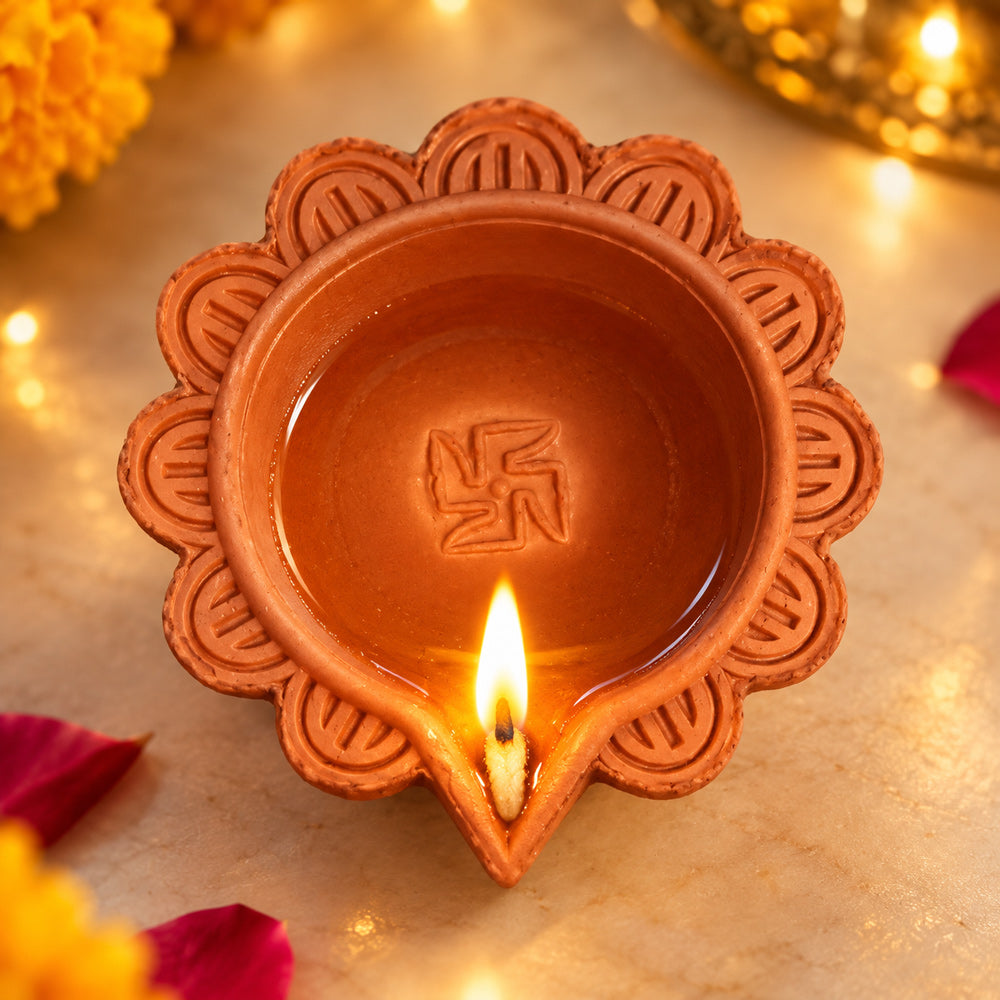12 Pcs Swastik Design Terracotta Traditional Clay Diyas