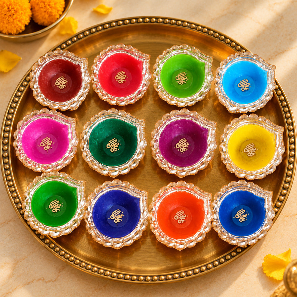 12 Pcs Hand-Painted Silver Border Decorative Clay Diyas