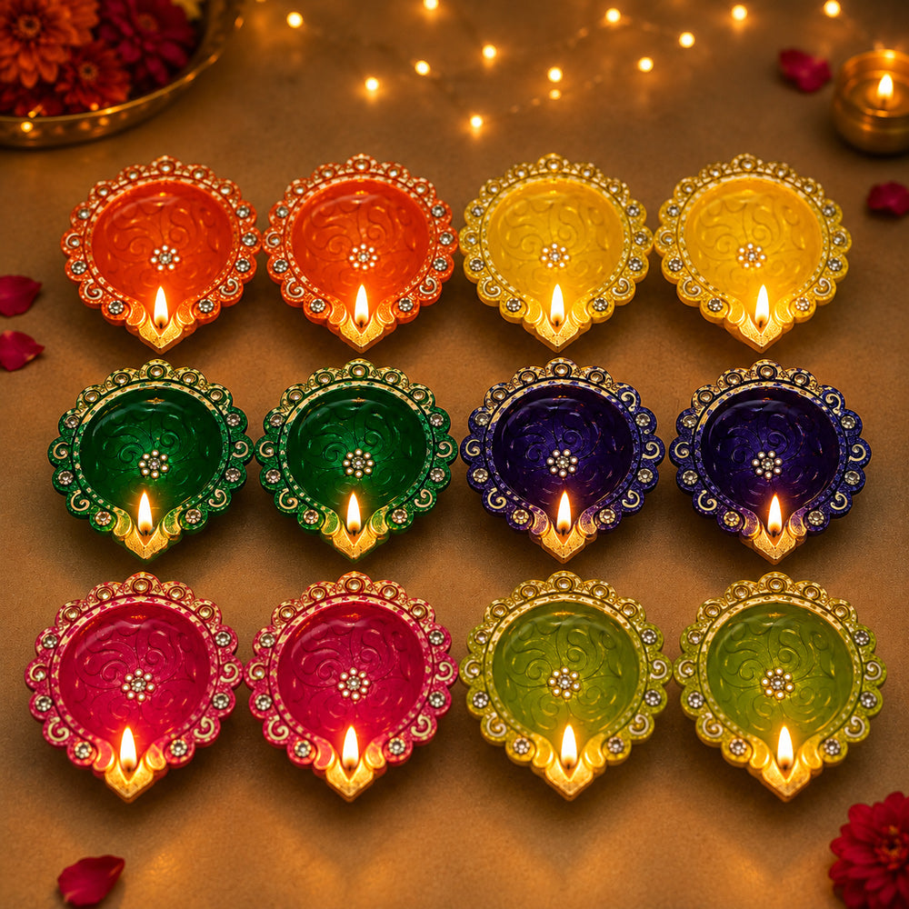 12 Pack Designer Terracotta Decorative Painted Clay Diyas