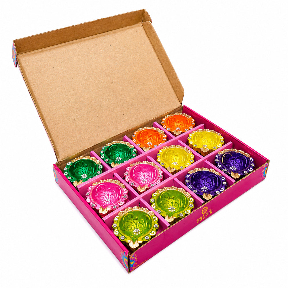 12 Pack Designer Terracotta Decorative Painted Clay Diyas