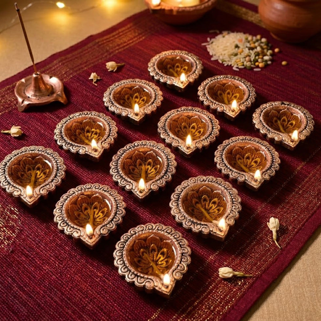 12 Pack Handcrafted Antique Bronze & Gold Metallic Clay Diyas