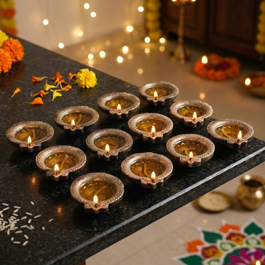 12 Pack Antique Metallic Silver & Black Designer Clay Diyas