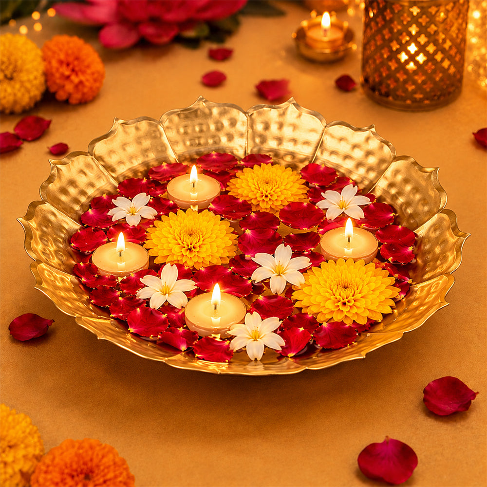 Metal Lotus Shape Urli for Decor With Floating Diya