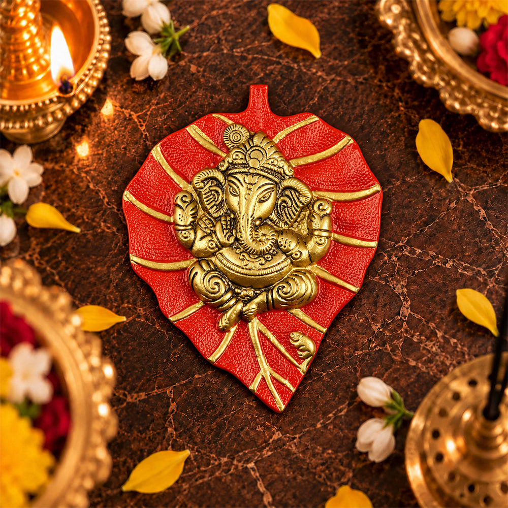 Lord Ganesh on Leaf Patta Wall Hanging - Red