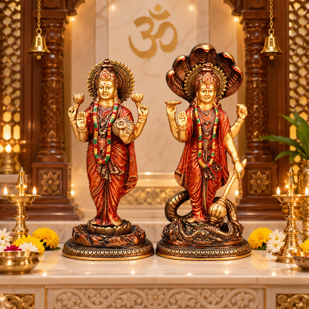 15.5 Inch Graceful Lord VIshnu with Maa Lakshmi Statue. Brass Laxmi Narayan Idol