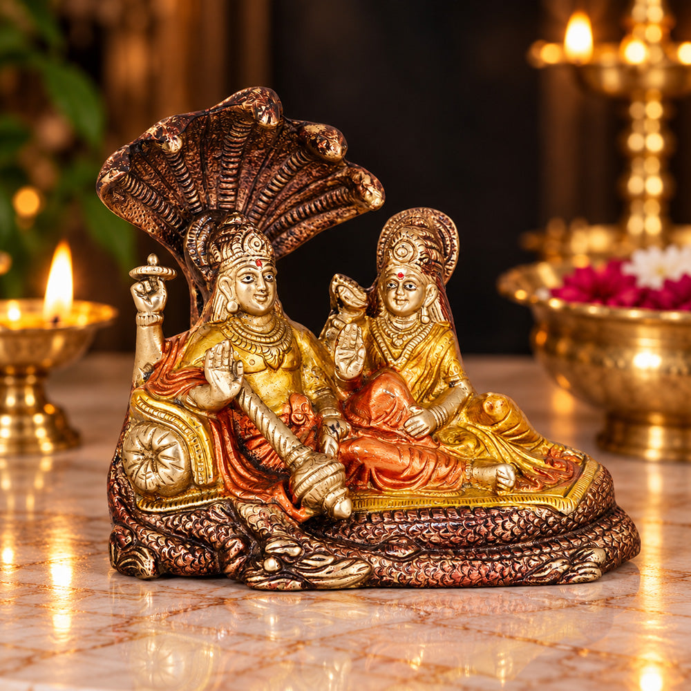 6.4 Inch Brass Colorful Vishnu Laxmi Idol