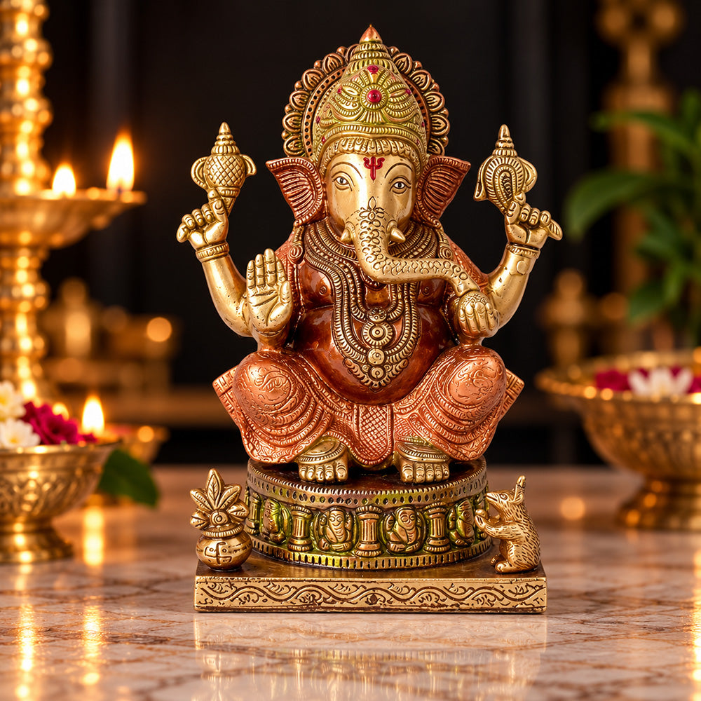 8.7 Inch Vibrant Colored Brass Ganesh Statue - Large
