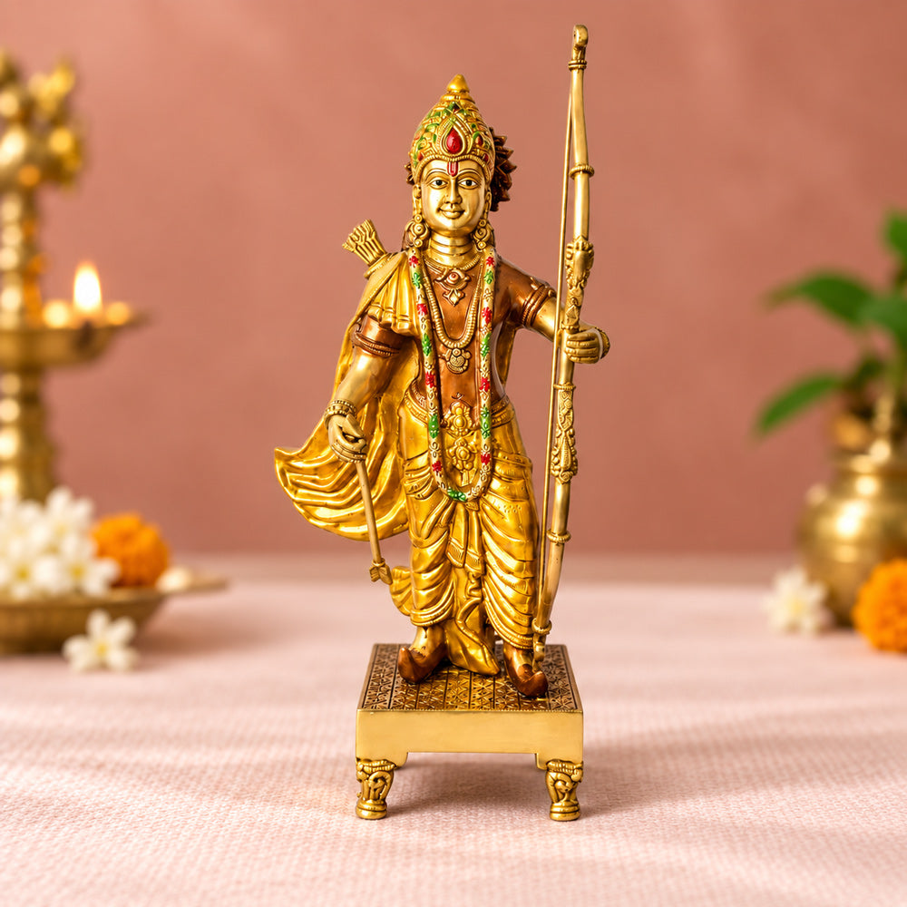 17.1 Inch Exquisite Brass Ram Statue with Vibrant Bow Design