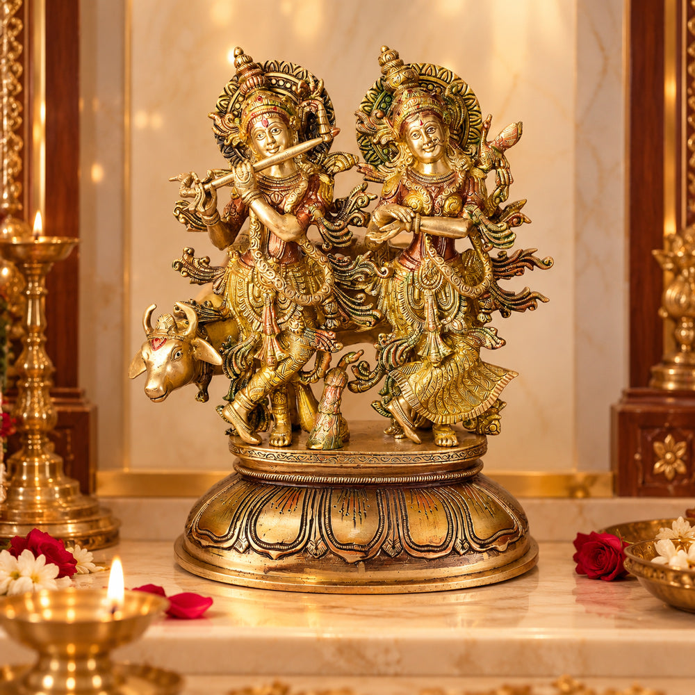 16.5 Inch Charming Radha Krishna with Kamdhenu Colorful Brass Idol
