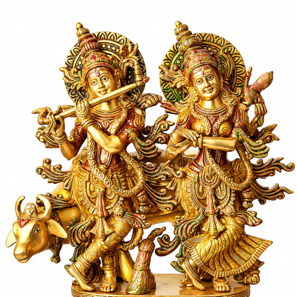 16.5 Inch Charming Radha Krishna with Kamdhenu Colorful Brass Idol