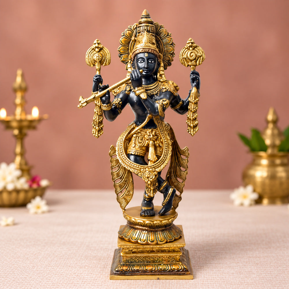 19 Inch Brass Chola Krishna Sculpture Playing the Flute