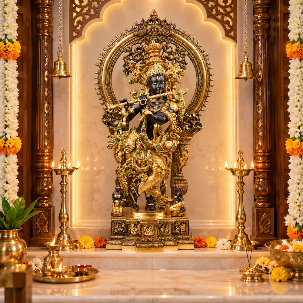 32 Inch Lord Krishna Stands on an Engraved Base with Frame