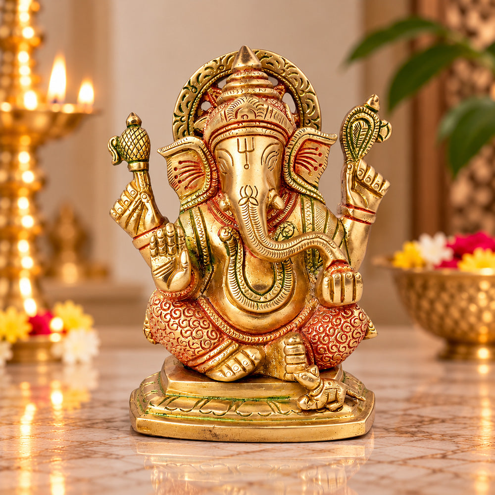 5.4 Inch Multicolor Brass Lord Ganesha Idol for Home Mandir