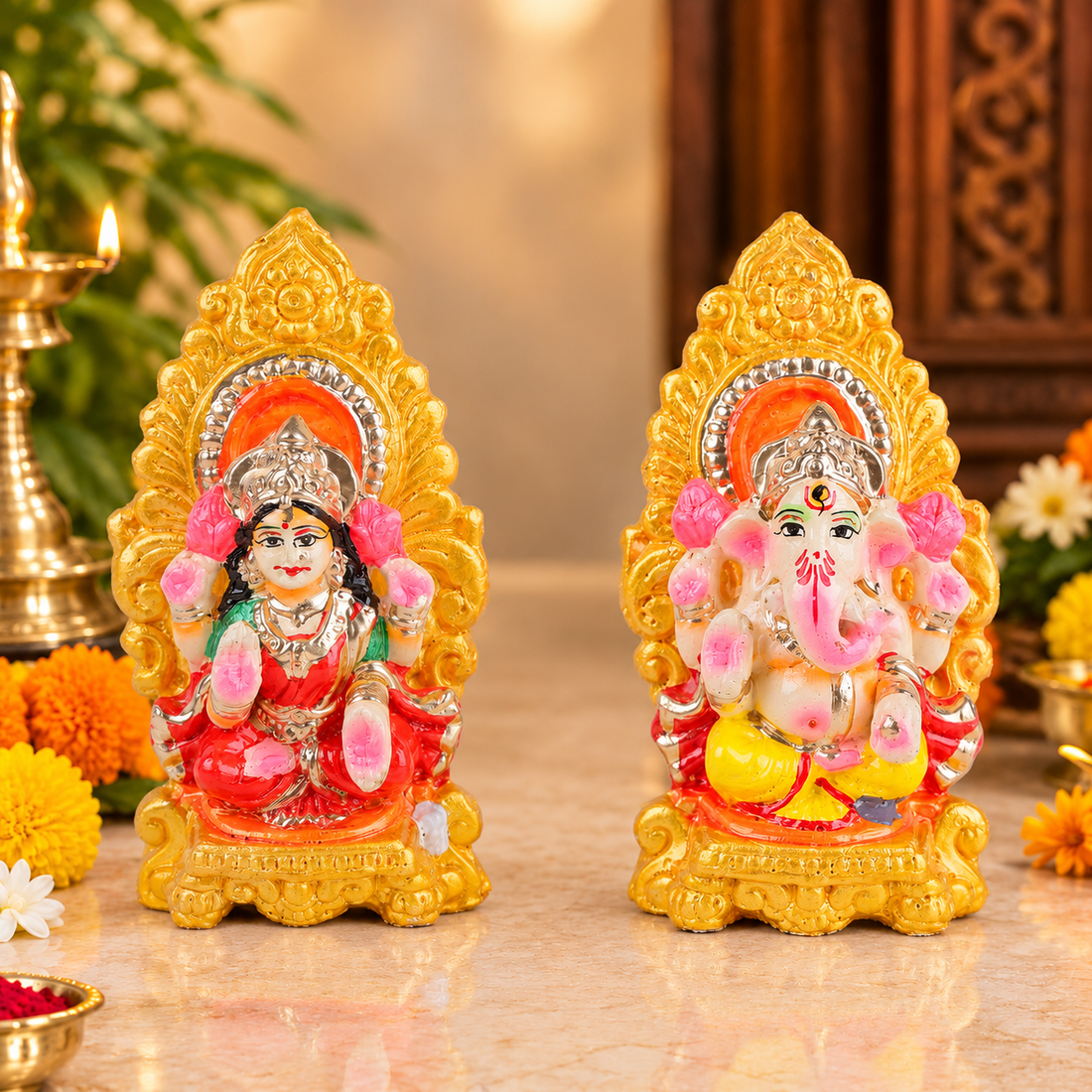 Traditional Clay Laxmi Ganesha Idol Statue for Home Temple