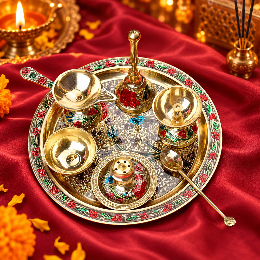Ravishing 7 Pc Brass Puja Thali Set with Premium Velvet Box (8 Inch)