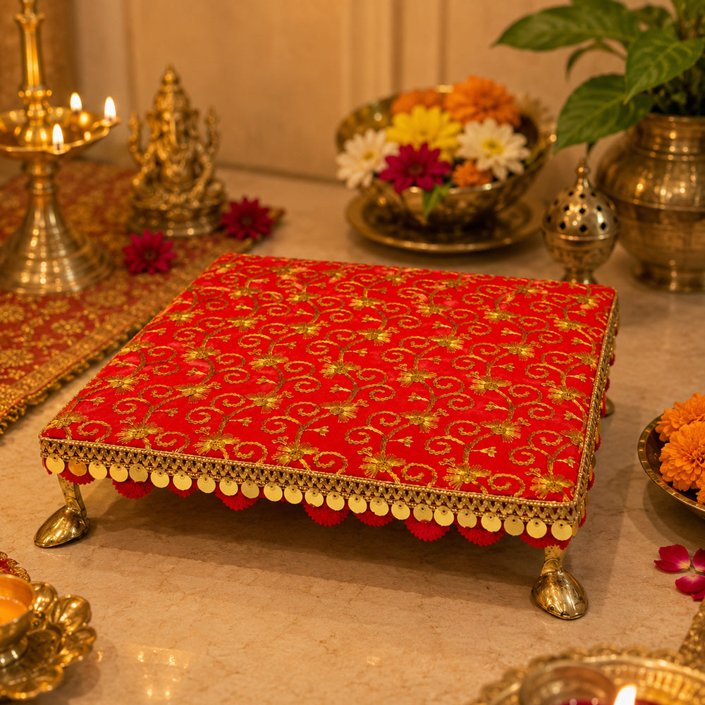 Handcrafted Red Brocade Pooja Chowki with Gold Zari Embroidery