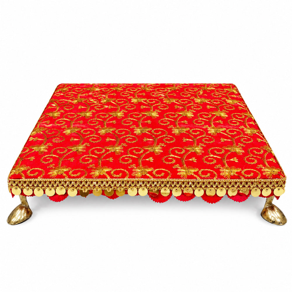 Handcrafted Red Brocade Pooja Chowki with Gold Zari Embroidery
