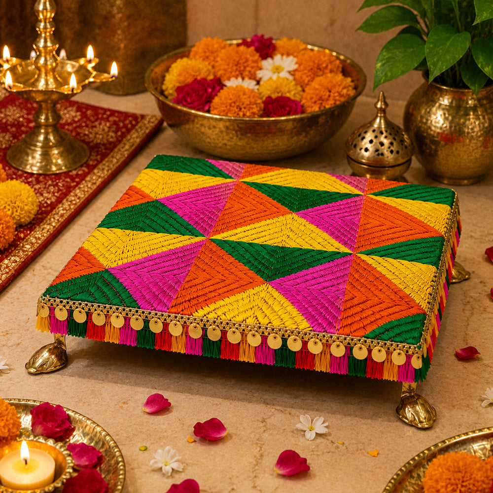Hand Embroidered Multi-Tone Wooden Pooja Chowki