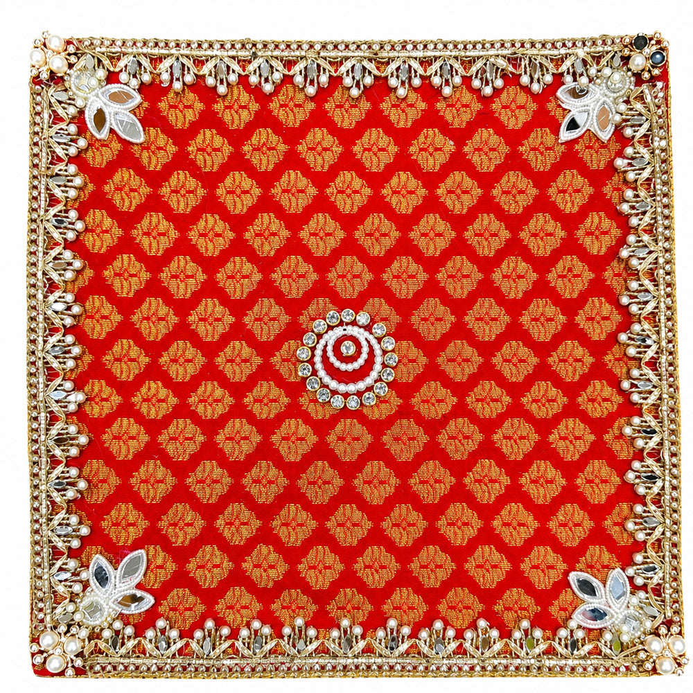 Royal Rani Red Brocade Pooja Chowki for Home Mandir