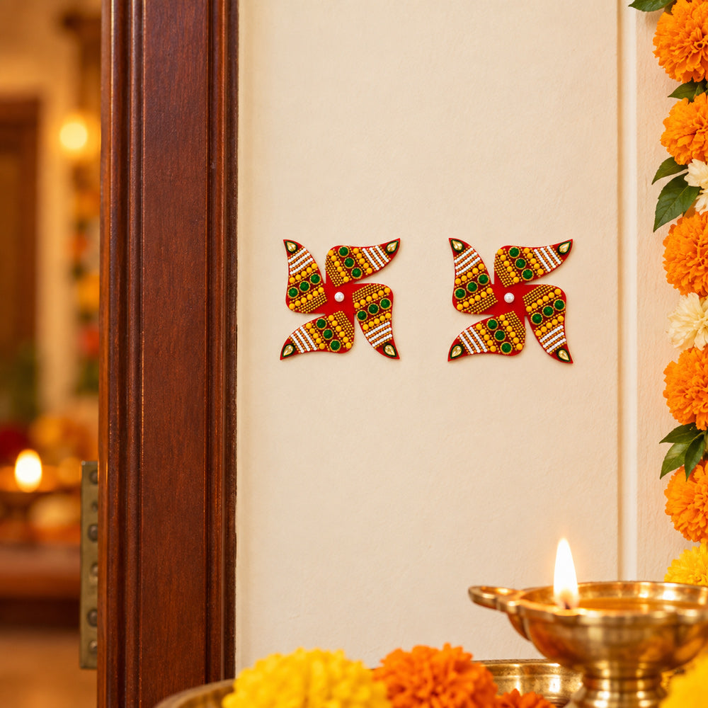Traditional Red & Multi-Color Beaded Swastik Stickers