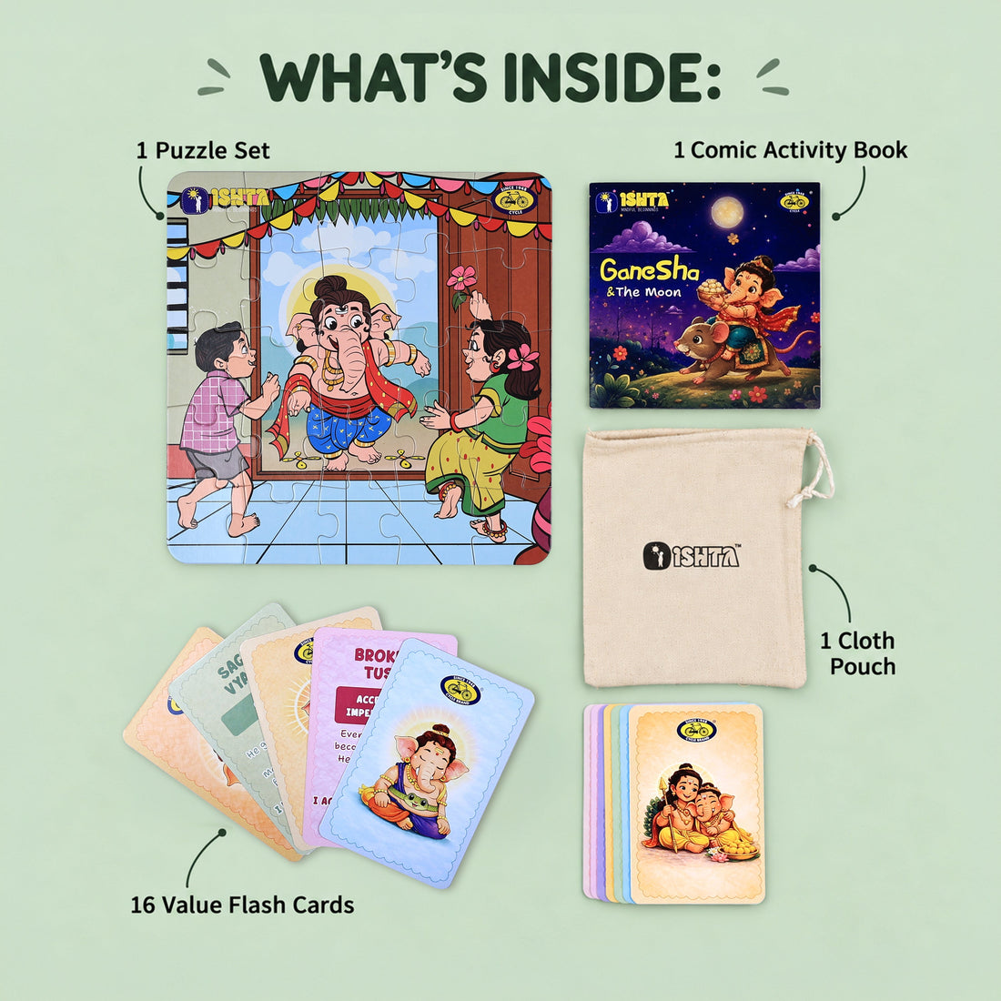 Ganesha Chaturthi Kit for Kids 5+ | Puzzle, Flash Cards & Comic Book