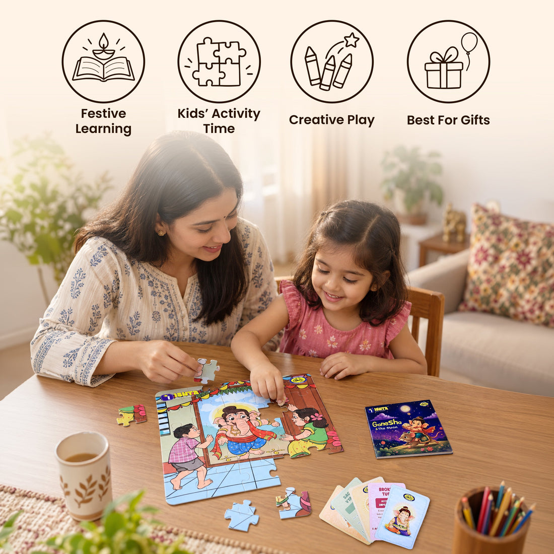 Ganesha Chaturthi Kit for Kids 5+ | Puzzle, Flash Cards & Comic Book