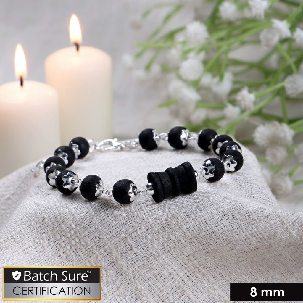 Govt. certified 8mm silver-plated Karungali Damru bracelet with polished ebony wood beads, traditional spiritual design for daily wear. India’s Largest Puja Accessories Brand- www.satvikstore.in