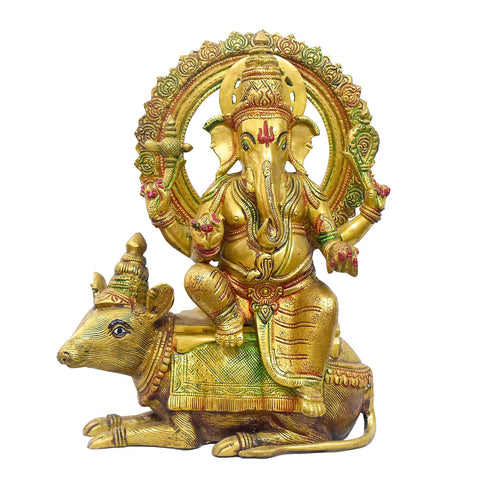 Handcrafted Brass Ganpati Idol on Nandi | Large Hindu God Ganesha Statue for Home Temple & Puja | Glossy Finish, 41 cm Height, 12.2 kg Weight | High-Quality Brass Murti | India's Large Puja Accessories Brand - Satvik No. 1 Brass Idol Collection