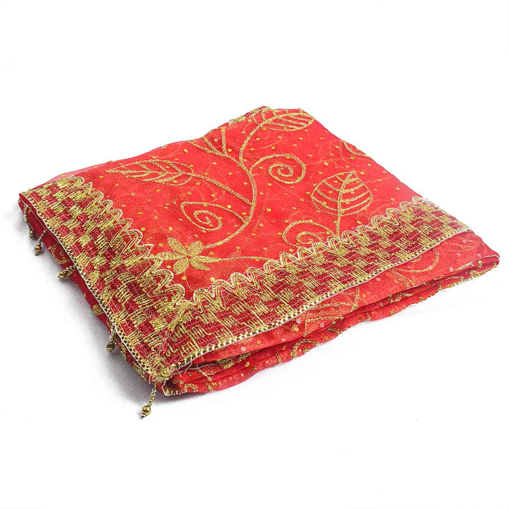 Handcrafted Mata Ki Chunri in red and gold, measuring 214 cm (84 inches) in length and 104 cm (41 inches) in height. This divine dupatta features an intricate golden floral vine pattern with delicate leaves and star-shaped motifs, symbolizing prosperity and devotion. The shimmering fabric is complemented by a richly designed golden border, enhancing its elegance. Ideal for pooja rituals, temple offerings, and festive celebrations.
Shop Matarani Ki Chunri, Mata Ki Chunni Online, and Big Size Chunni Online