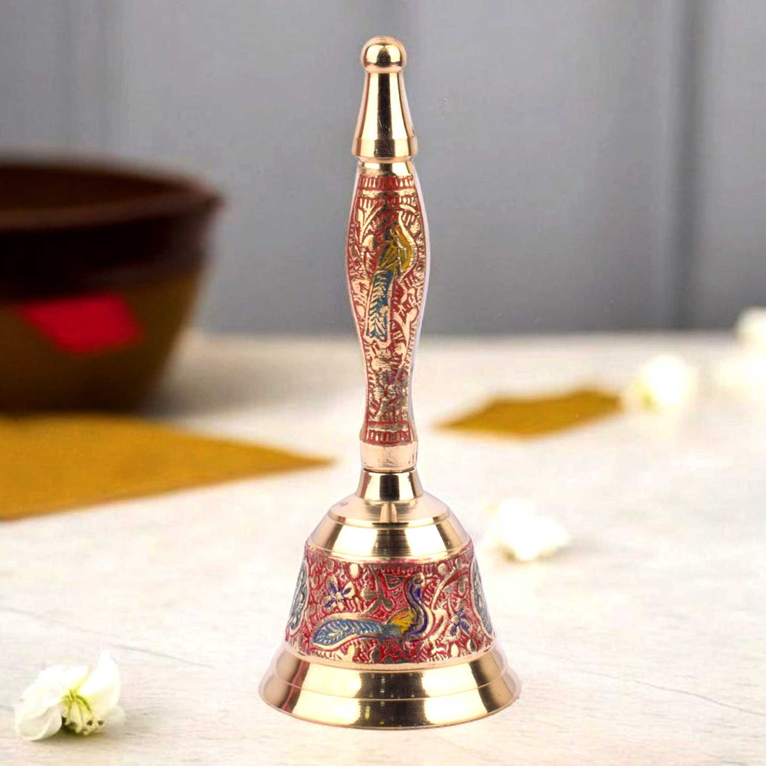 Handcrafted Meenakari Brass Puja Bell in Red color – 7 Inch traditional pooja bell for temple rituals. India’s Largest Pooja Accessories Brand - www.satvikstore.in