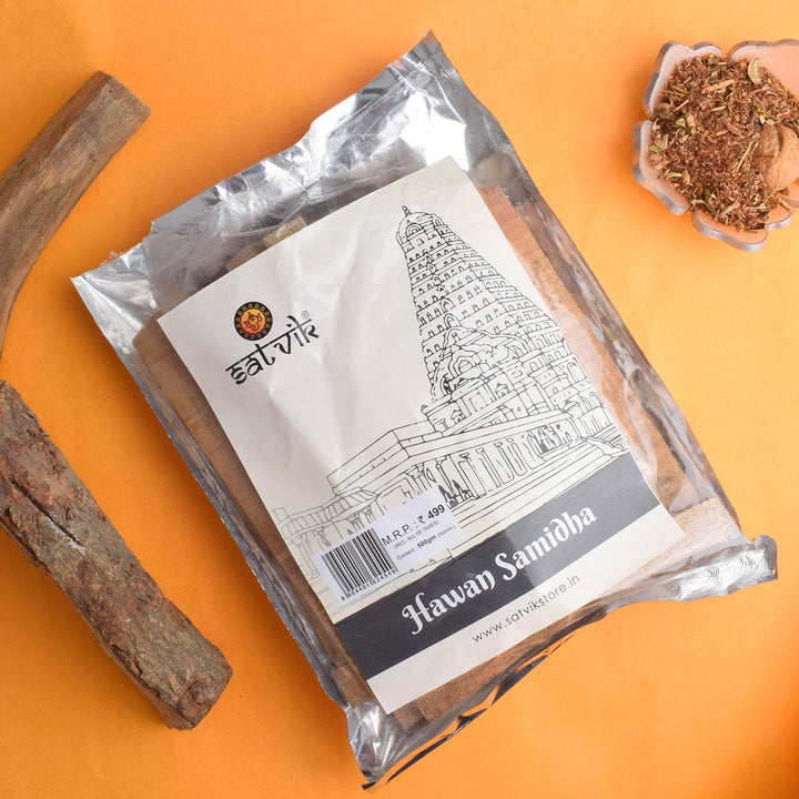 Hawan Samidha 500Gm ( Mango Wood) is essential for performing hawan or fire rituals, made from high-quality, mango wood. It ensures the purity and effectiveness of the fire ceremony, bringing positive energy and spiritual benefits β Indiaβs Largest Pooja Accessories Brand β www.satvikstore.in