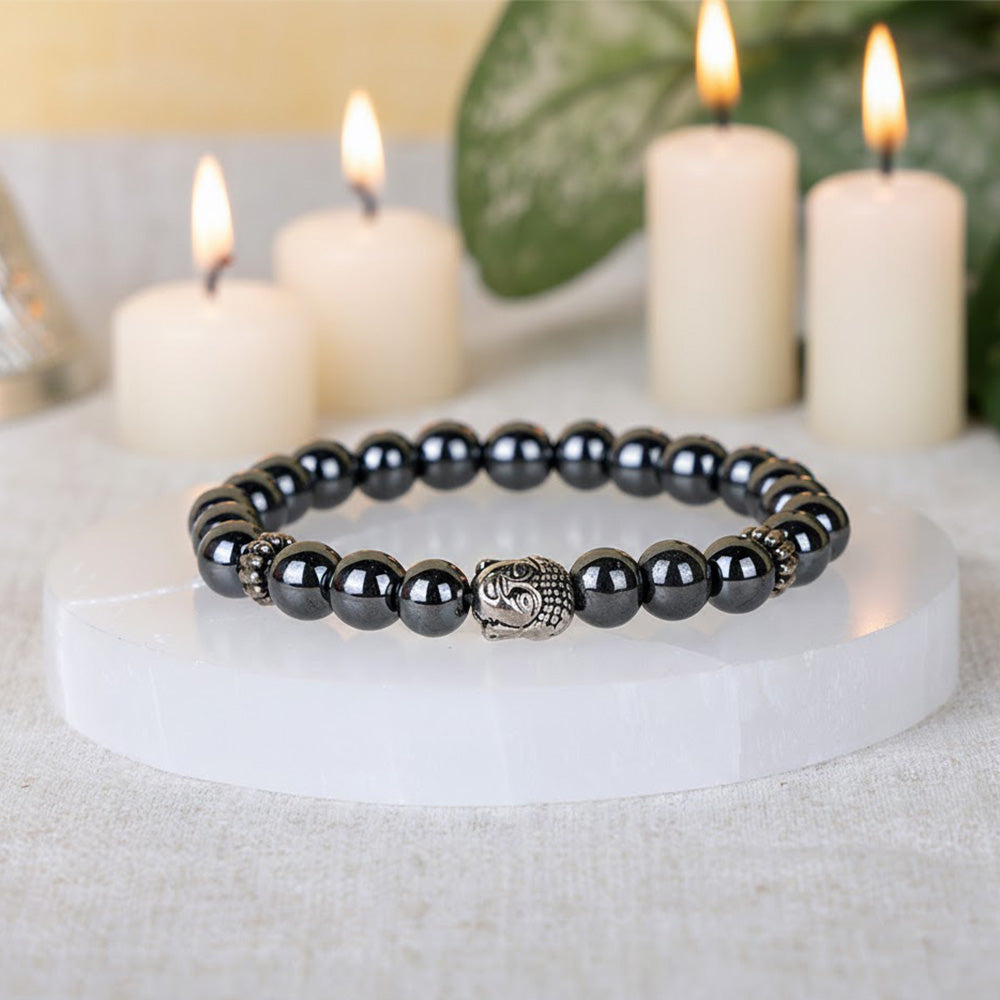 Hematite healing stone bracelet with silver Buddha charm and 8mm beads Indiaβs Largest Pooja Accessories Brand - www.satvikstore.in
