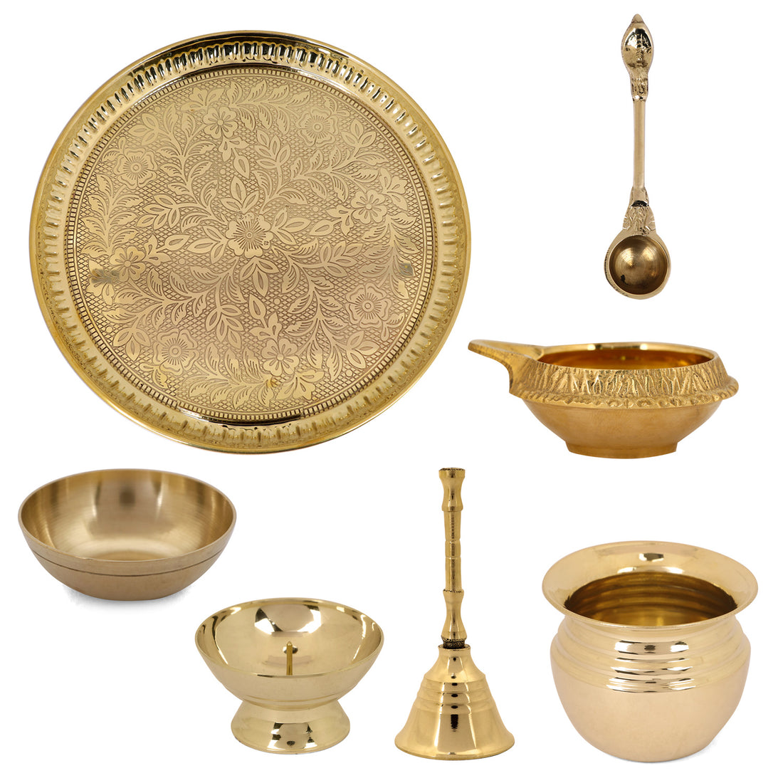 7 Piece Brass Designer Pooja Thali Set (9 Inch) Design 7