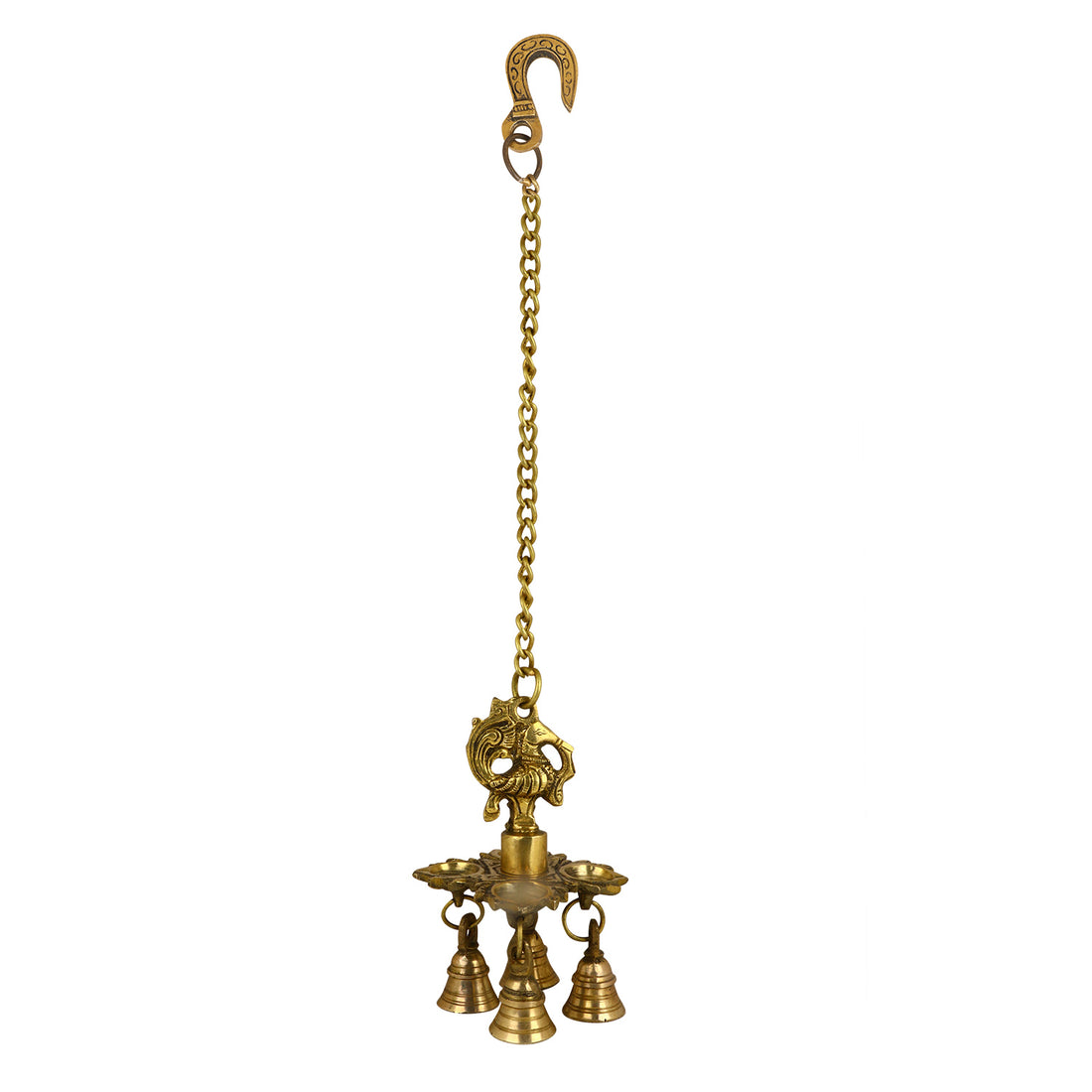 Brass Chaumukh Peacock Hanging Diya with Bells