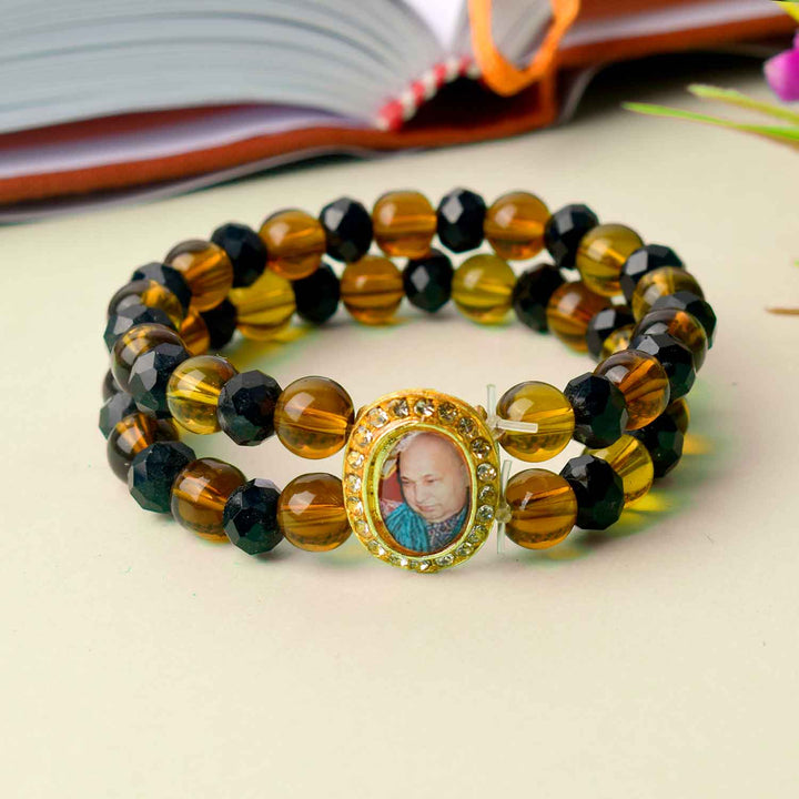 Jai Guruji Swaroop Bracelet with black and brown spiritual beads, handcrafted for divine grace and daily spiritual wear. Indiaβs Largest Pooja Accessories Brand β www.satvikstore.in