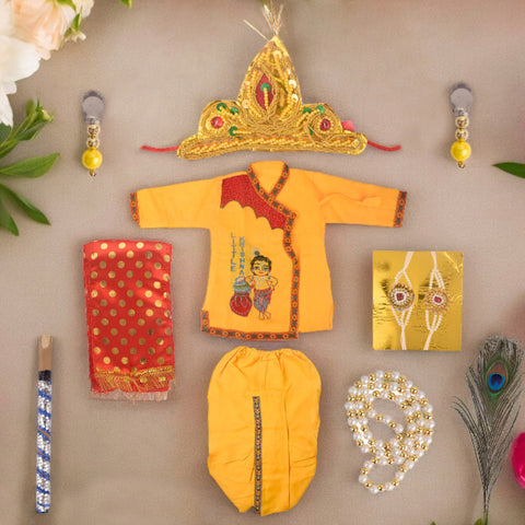 Kids' Krishna outfit featuring a yellow kurta and white dhoti, paired with traditional jewelry and shringar set, perfect for Janmashtami celebrations and festive occasions. Indiaβs Largest Pooja Accessories Brand β www.satvikstore.in